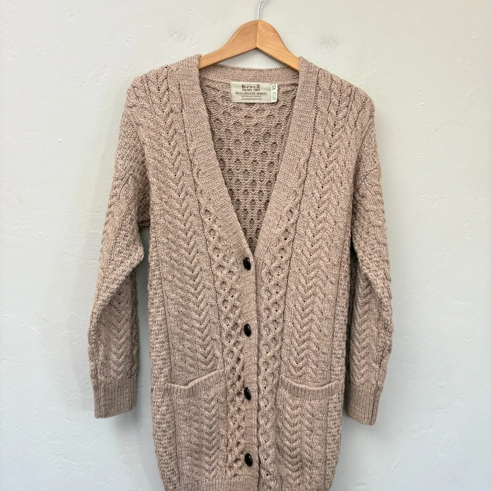Aran Sweater Market Merino Wool Cardigan Men Sz XS Beige Button Down Cable Knit